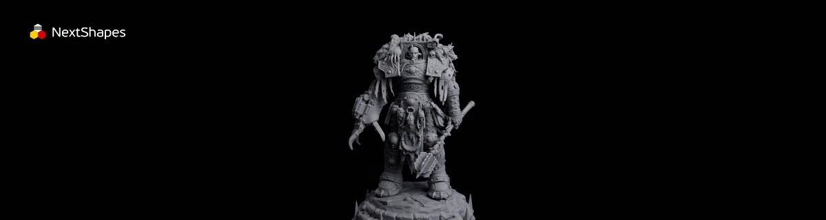Full view of 3D printed fantasy warrior statue made with NextShapes Standard Pro Rigid Resin, showcasing smooth surface finish, vivid facial expressions, and lifelike clothing and accessory details