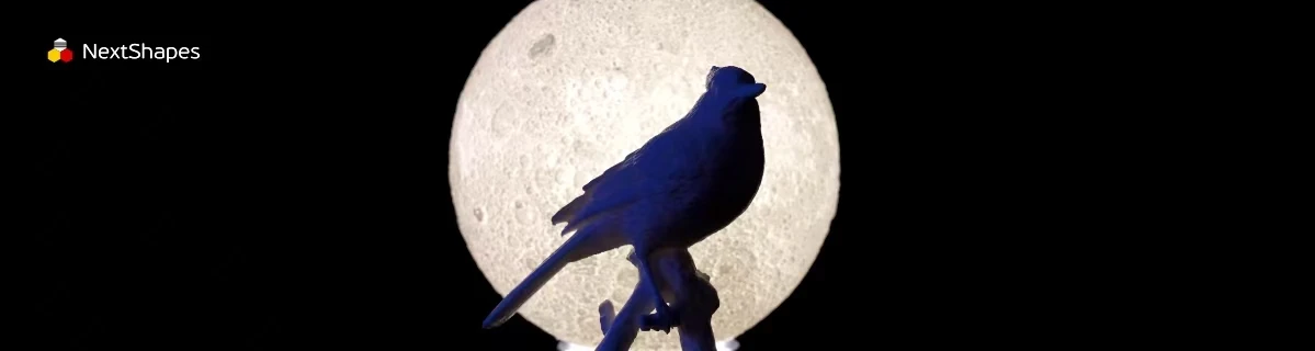 Scene display of 3D printed blue bird under the moon made with NextShapes Standard PLA filament, showcasing ease of use, consistent color, and warp-free printing results