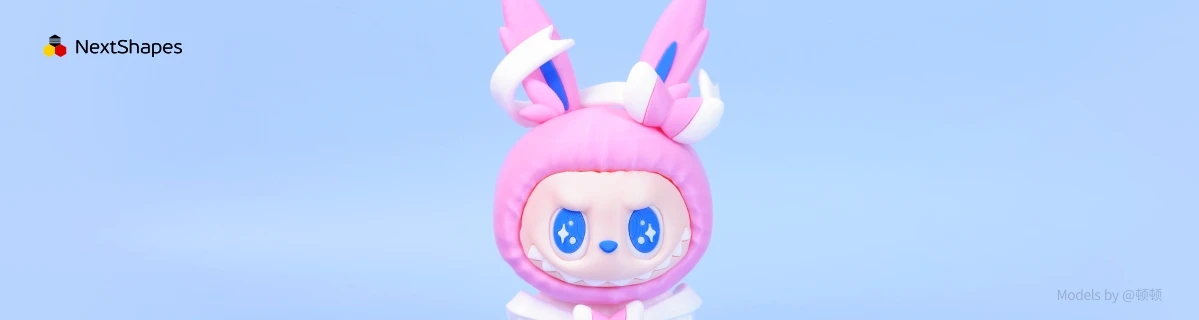 Close-up of 3D printed DIY Sylveon Labubu figure made with NextShapes Standard PLA filament, showcasing fine smooth textures, precise contours, and vibrant pink-blue color details
