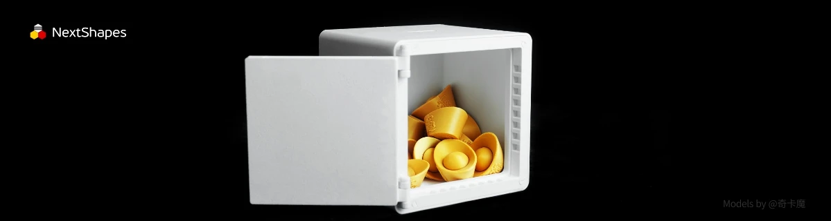 Display of 3D printed safe model with internal gold ingots made with NextShapes Standard PLA filament, showcasing near-zero warpage, smooth surface finish, and easy support removal