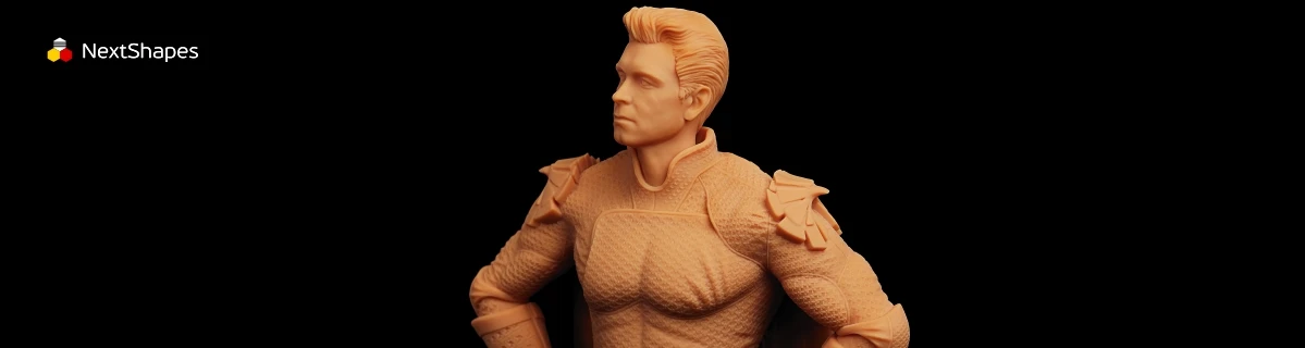 Full view of 3D printed muscle warrior statue made with NextShapes High Resolution 12K Pro Red Ceramic Resin, showcasing premium matte finish, crisp detail reproduction, and excellent strength