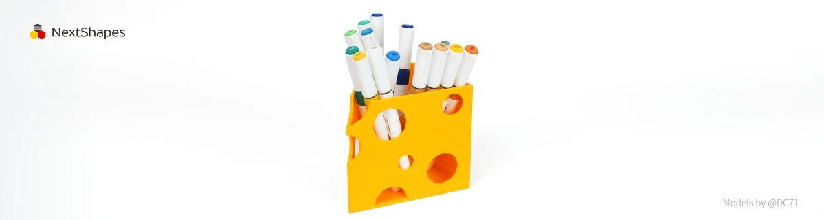 Functional view of 3D printed cheese-shaped pen holder made with NextShapes Standard PLA filament, showcasing high-speed printing capability, smooth surface finish, and vibrant color consistency