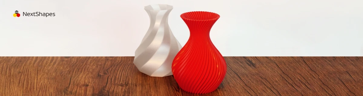 Display of 3D printed dual-color twisted vase set made with NextShapes PETG filament, showcasing smooth surface finish, strong layer adhesion, and vibrant color consistency