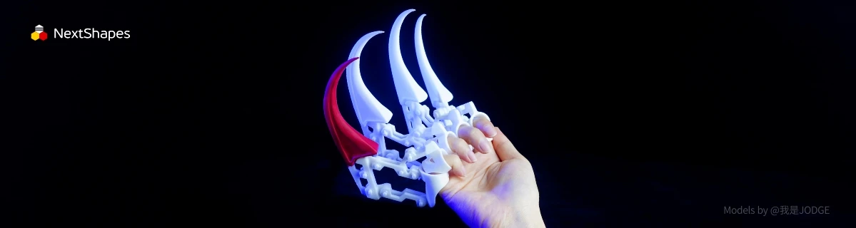 Functional view of 3D printed articulated claw gauntlet made with NextShapes Standard PLA filament, showcasing high dimensional accuracy, excellent toughness, and smooth surface finish