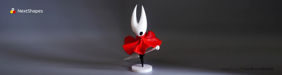 Single display of 3D printed Hollow Knight character model made with NextShapes Standard PLA filament, showcasing smooth surface finish, precise detail, and clog-free printing performance