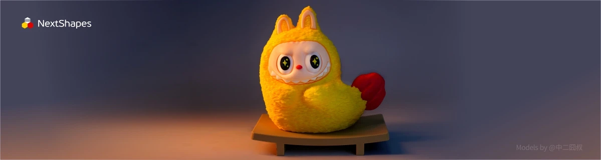 Front view of 3D printed "Tempura Shrimp" Labubu figure made with NextShapes Standard PLA filament, showcasing crispy warm yellow color, vivid red tail accents, and round shiny eyes