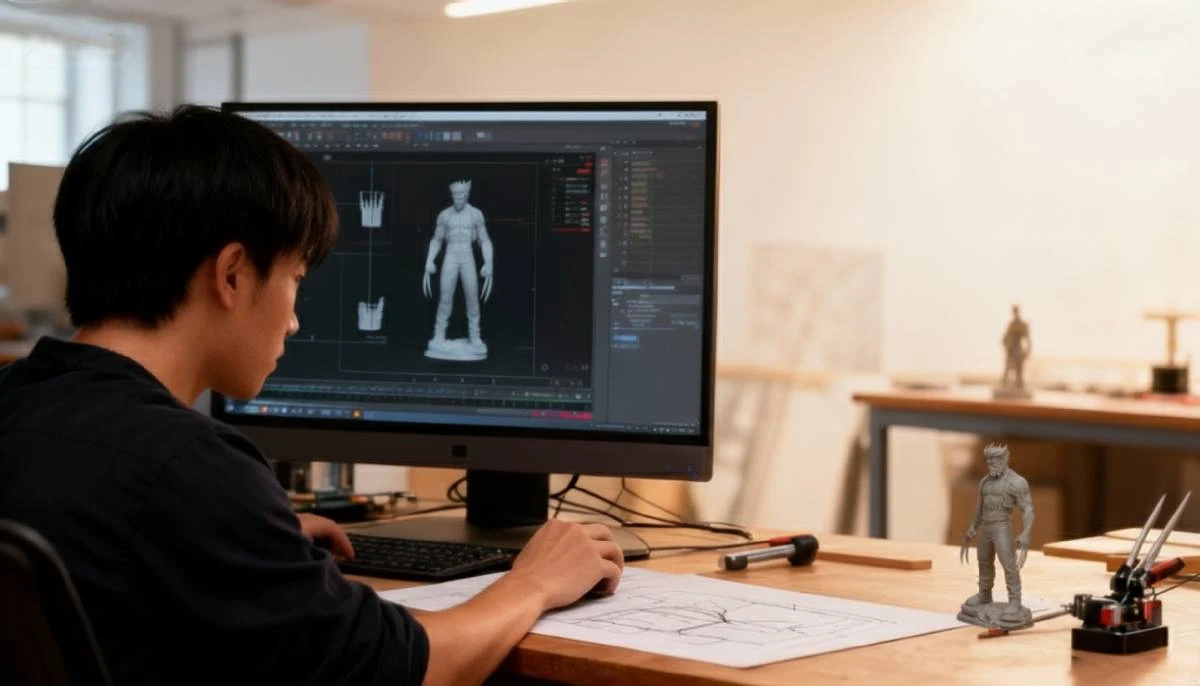 Scene of designer working on 3D modeling for figurine production, showcasing NextShapes Standard Pro Resin's application in professional model making workflow