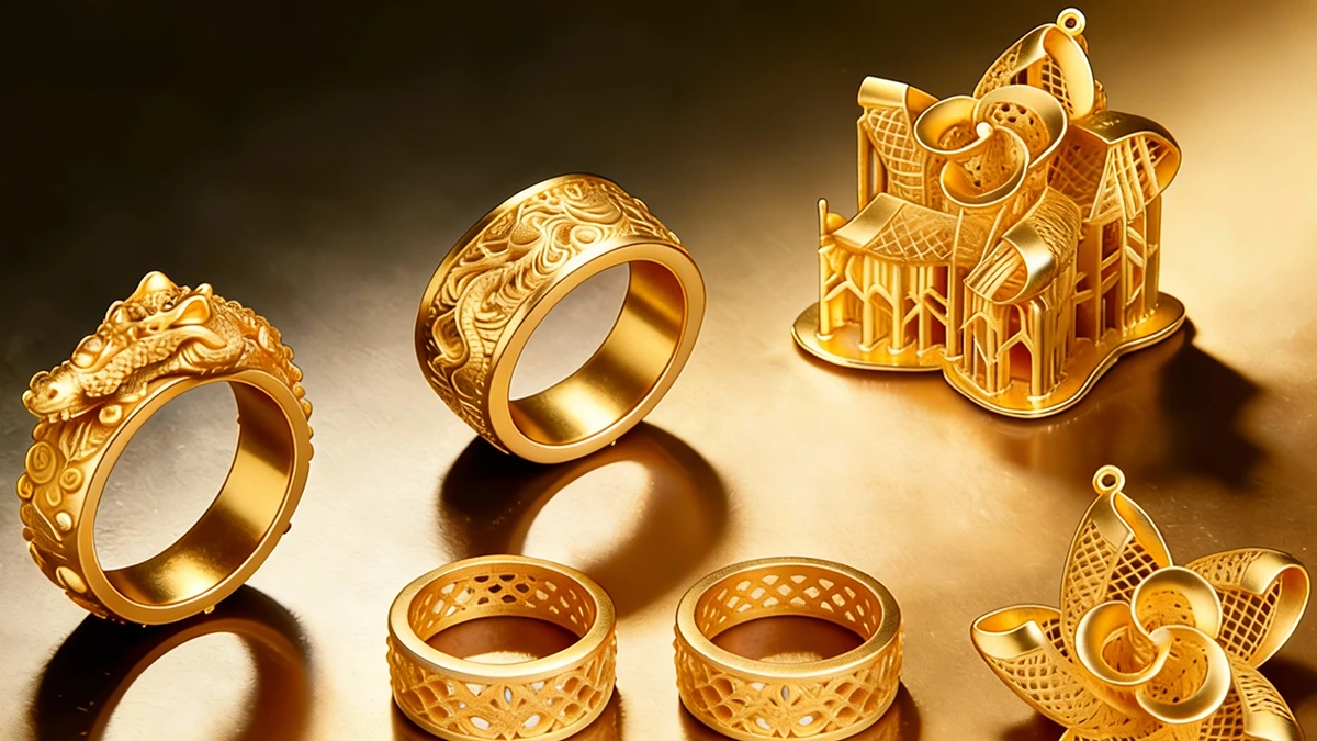 Collection display of finished gold jewelry cast from 3D printed models made with NextShapes High Resolution 8K Pro Red Wax Resin, showcasing exceptional detail fidelity and casting accuracy