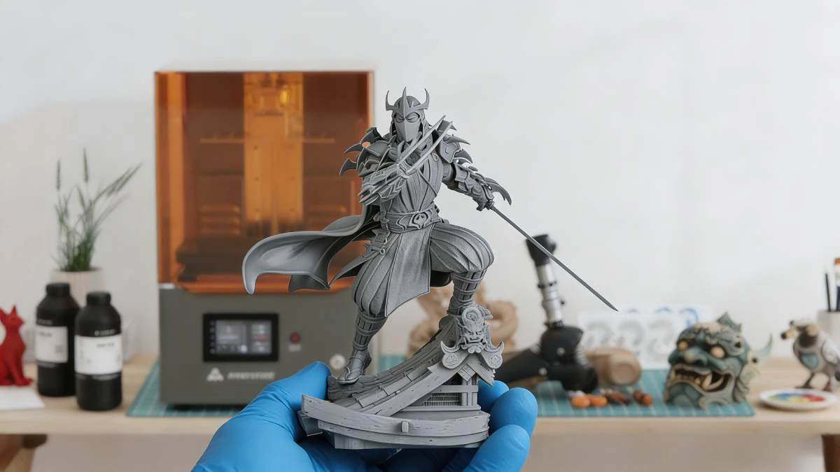 Display of 3D printed ancient warrior anime figure made with NextShapes Standard Pro Resin, showcasing high detail fidelity, balanced strength & toughness, and smooth surface finish