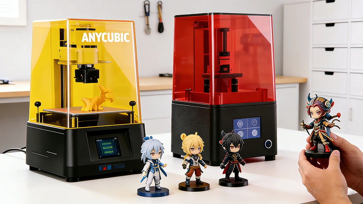 Display of desktop SLA printers and anime figures made with NextShapes Standard Pro Resin, showcasing unified workflow for prototype and figurine production