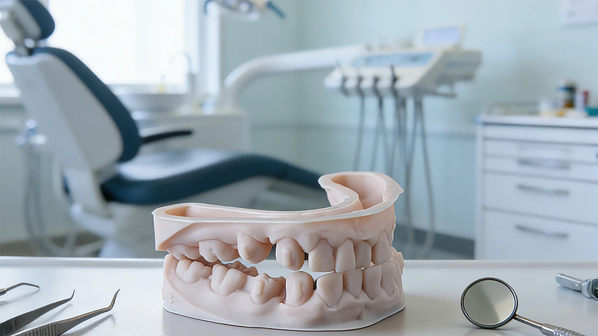 Clinical display of 3D printed full-arch dental model made with NextShapes Dental Model Resin, showcasing anatomical fidelity and skin-like color for patient communication