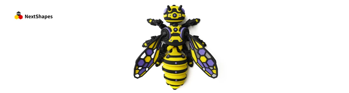 Front view of a 3D printed articulated mechanical bee model made with NextShapes Standard PLA filament, showcasing vibrant yellow-black-purple color scheme and detailed wing patterns, demonstrating the filament's rich color and high toughness