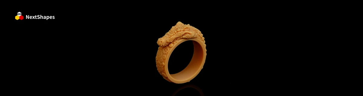 Side-angle view of a 3D printed jewelry ring made with NextShapes 8K Pro Red Ceramic Resin, highlighting its matte finish and complex texture, ideal for high-detail jewelry and anime model printing