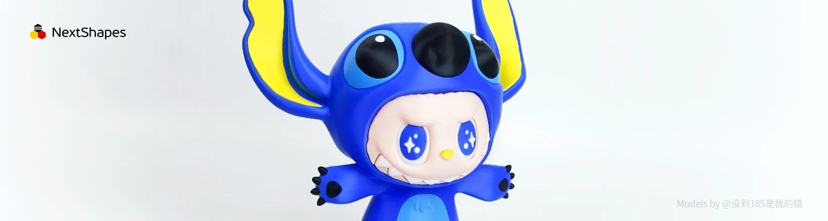 Close-up of 3D printed Stitch + Labubu crossover figure made with NextShapes Standard PLA filament, highlighting vivid 3D facial expressions, finely rendered body textures, and vibrant color details