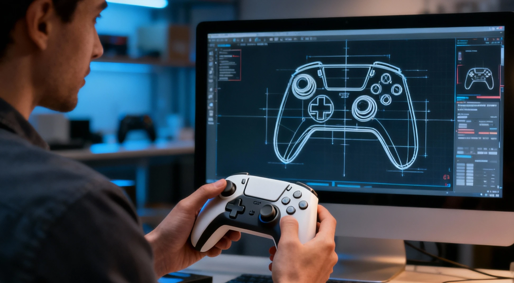 Design validation scene: a designer holding a white 3D printed game controller prototype in front of a CAD model on screen, demonstrating seamless link between digital design and physical production with Standard Pro resin