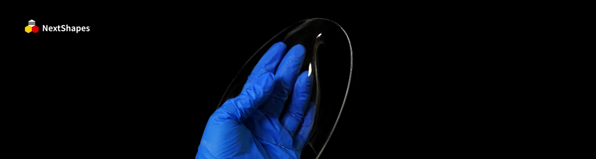 Transparent 3D printed lamp shade held in a blue nitrile glove, made with NextShapes 8001 resin, demonstrating high clarity, zero impurities, and suitability for lighting component prototyping
