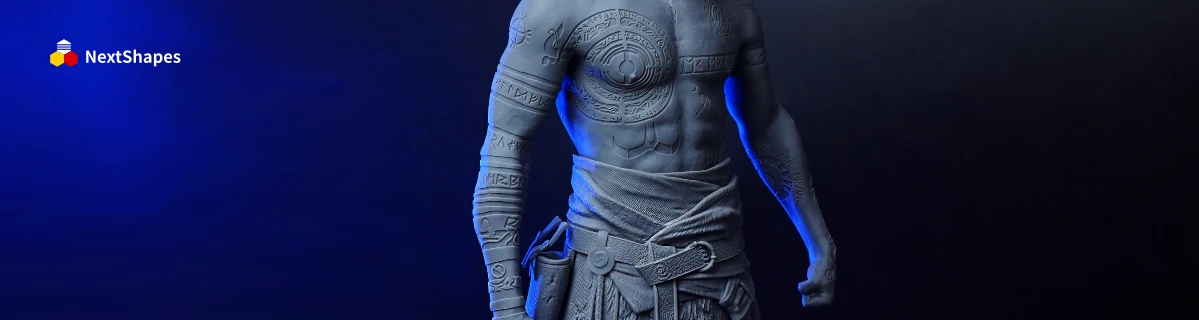 Full-body detail view of 3D printed God of War Baldur figure made with NextShapes Rigid Pro resin, highlighting intricate garment textures, muscular definition, and matte surface for easy detail observation