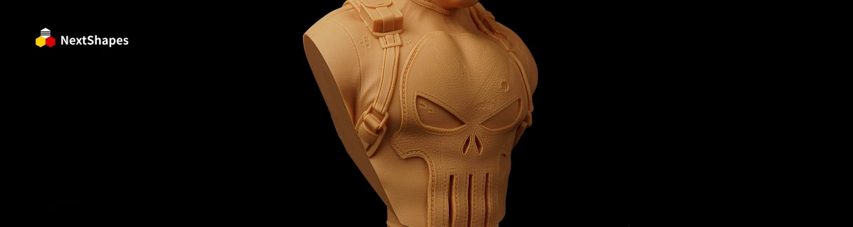 Side-angle detail view of 3D printed The Punisher bust made with NextShapes 8K Pro Red Wax Resin, highlighting fine texture, smooth surface, and intricate gear/strap details
