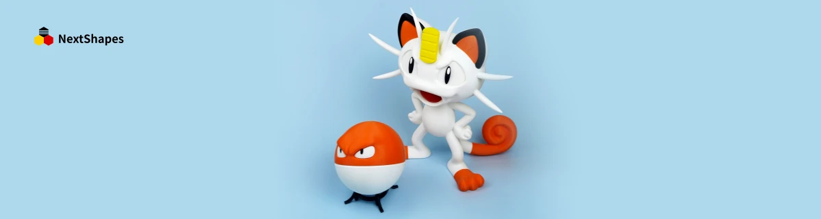 Combo view of 3D printed Meowth (Pokemon) and Pokeball figures made with NextShapes Standard PLA filament, highlighting smooth finish, accurate proportions, and high-quality printing results