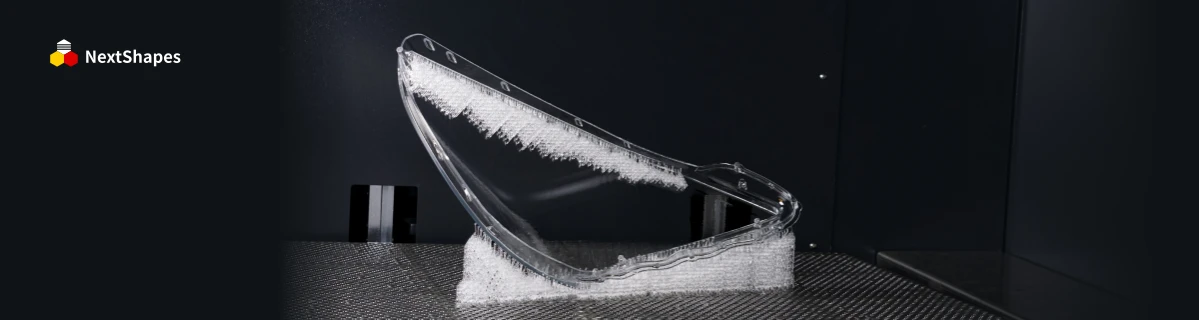 Display view of a 3D printed transparent Gree air conditioner housing model made with NextShapes Precision Clear Resin, demonstrating bubble-free transparency and structural integrity for fluid dynamics analysis