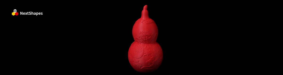 Front view of a 3D printed red gourd decorative piece (Year of the Snake) made with NextShapes Standard PLA filament, showcasing zero warpage, smooth surface, and precise detail reproduction