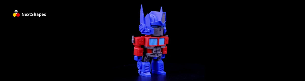 Full view of 3D printed Optimus Prime figure made with NextShapes Standard PLA filament, highlighting smooth surface finish, accurate proportions, and reliable assembly compatibility