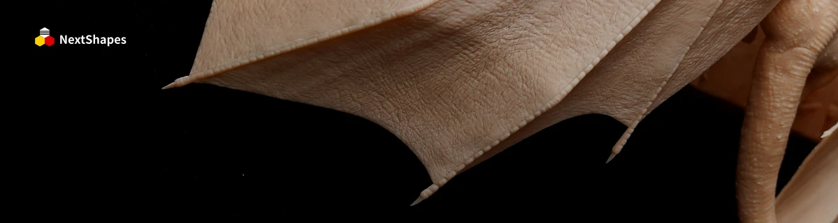 Close-up detail view of a 3D printed dragon's wing made with NextShapes Standard Pro Rigid Resin, highlighting fine membrane texture, edge definition, and mechanical stability for silicone mold making