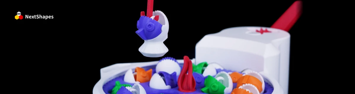 Dynamic display of 3D printed toy components made with NextShapes Standard PLA filament, demonstrating smooth surface finish, precise detail, and durable mechanical properties