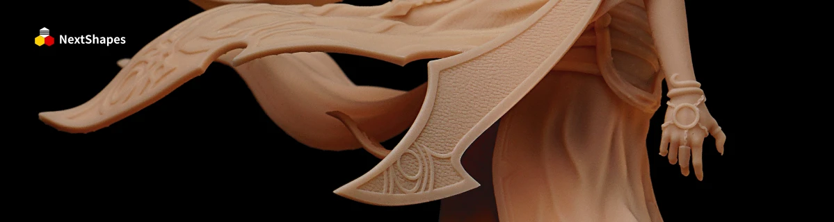 Close-up detail view of a 3D printed fantasy character's cloak, armor, and hand made with NextShapes Standard Pro Rigid Resin, highlighting fine texture, precise edge definition, and crack-resistant mechanical properties