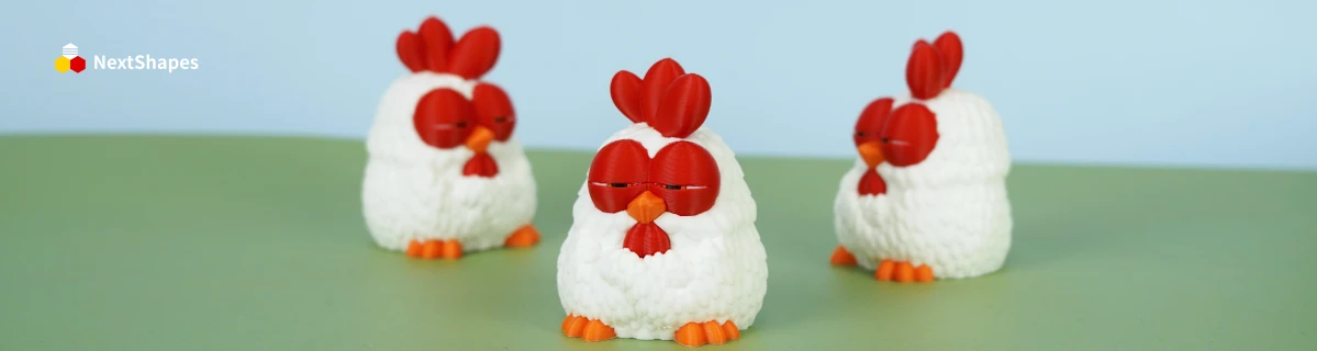 Trio collection of 3D printed cute chicken figures made with NextShapes Standard PLA filament, highlighting zero warpage, refined surface finish, and reliable printing performance
