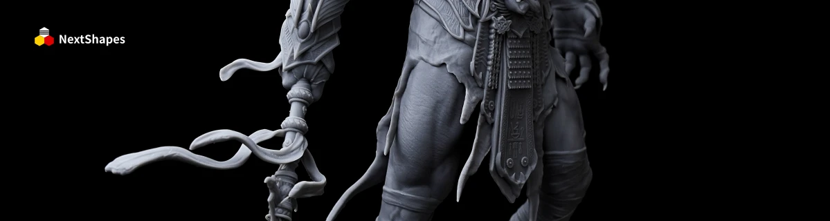 Close-up detail view of a 3D printed fantasy character's weapon and lower body made with NextShapes Standard Pro Rigid Resin, highlighting fine decorative patterns, high toughness, and durable mechanical properties