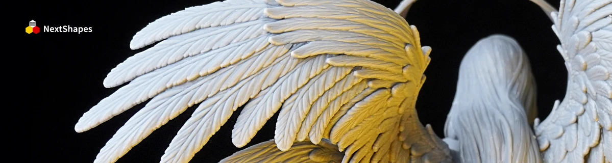 Full wing view of 3D printed Angel Beast figure made with NextShapes Standard Pro Rigid Resin, highlighting intricate feather details and consistent high-quality printing results