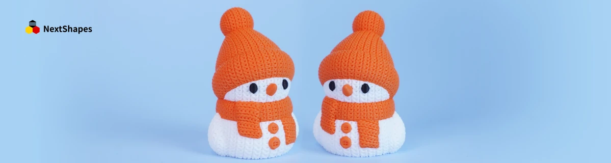 Duo view of 3D printed snowman figures made with NextShapes Standard PLA filament, highlighting precise dimensional accuracy, vibrant color, and tangle-free printing performance