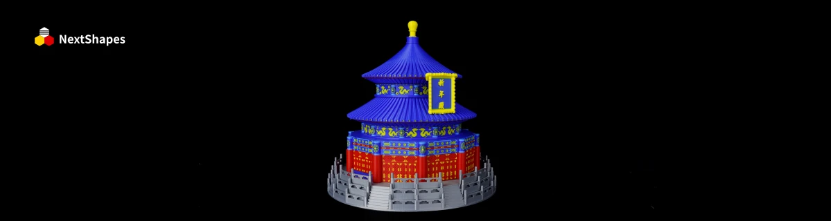 Full view of a 3D printed Temple of Heaven model made with NextShapes Standard PLA filament, highlighting zero warpage, rich color options, and rigid material for complex design works