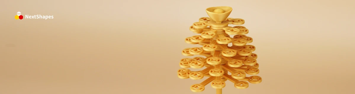 Gold detail view of a 3D printed golden tree model made with NextShapes Standard PLA filament, highlighting precise fine structure, consistent quality, and stable high-precision printing performance