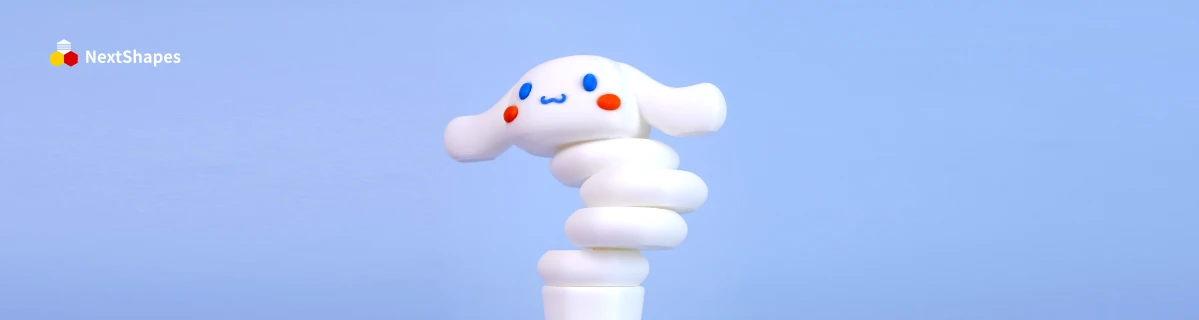 Close-up of 3D printed Cinnamoroll figure made with NextShapes Standard PLA filament, highlighting clog-free printing, delicate facial details, and consistent high-quality results