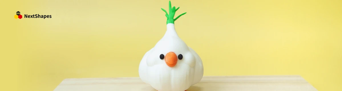 Front close-up of a 3D printed garlic bird figure made with NextShapes Standard PLA filament, highlighting seamless printing results, cute facial details, and consistent high-quality output