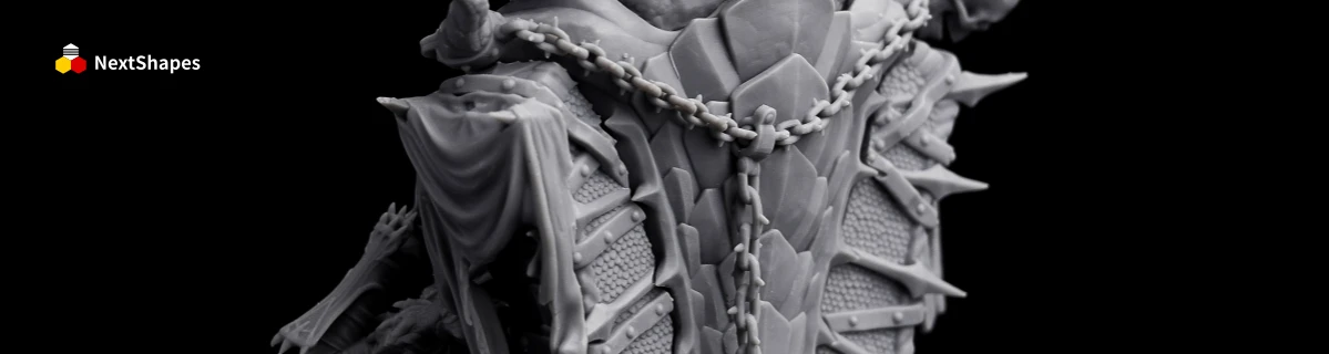 Close-up detail view of a 3D printed fantasy character's armor and chains made with NextShapes Standard Pro Rigid Resin, highlighting precise texture reproduction, crack resistance, and high toughness