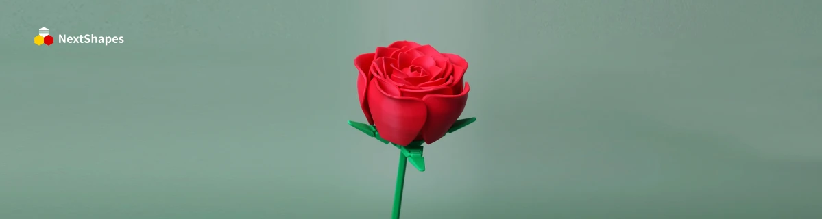 Close-up of 3D printed red rose model made with NextShapes Standard PLA filament, highlighting delicate petal details, consistent layer lines, and post-processing-free quality