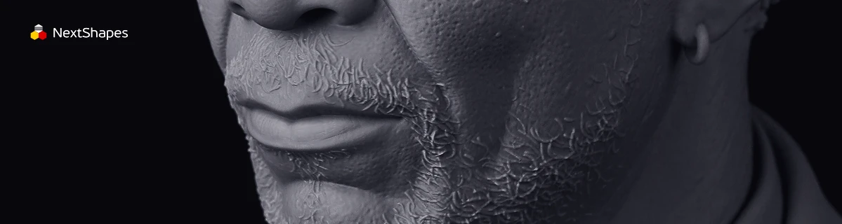 Close-up detail view of a 3D printed figure's facial skin texture made with NextShapes Standard Pro Rigid Resin, highlighting intricate pore and stubble details, high precision, and durable mechanical properties