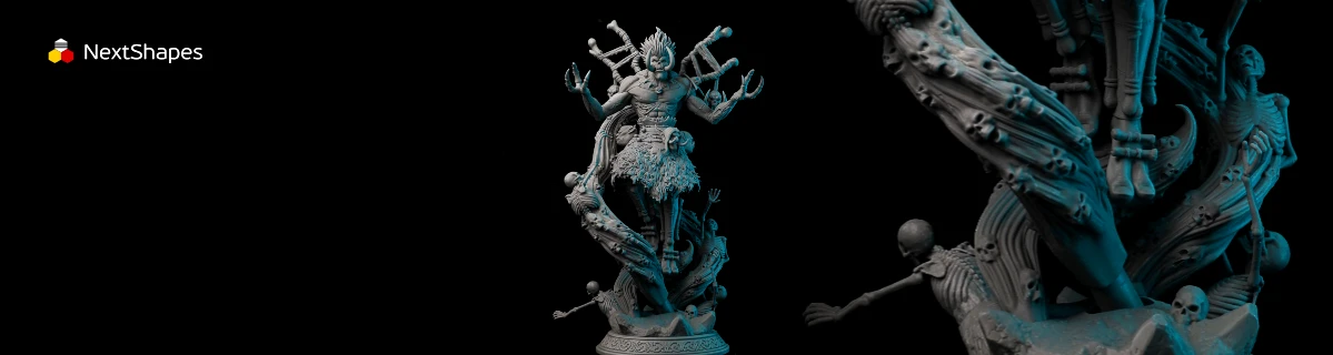 Full view of a 3D printed multi-arm demon figure made with NextShapes Standard Pro Rigid Resin, highlighting precise detail reproduction, structural solidity, and post-processing-ready smooth texture