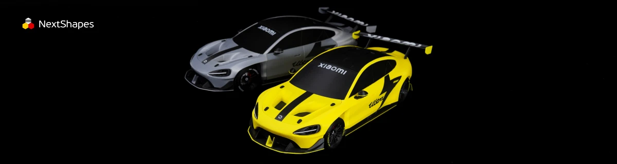 Comparison view of 3D printed yellow and gray Xiaomi SU7 Ultra car models made with NextShapes Standard PLA filament, highlighting vibrant color consistency, refined contours, and reliable performance