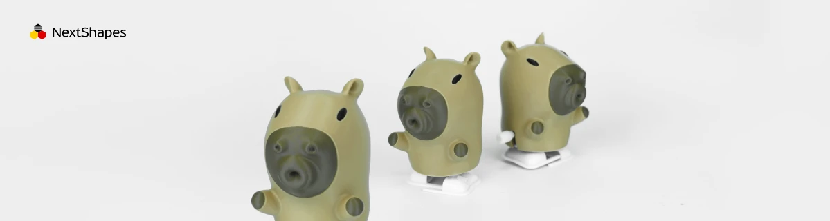 Front collection of 3D printed capybara figures made with NextShapes Standard PLA filament, highlighting excellent strength, drop resistance, and consistent high-quality printing results