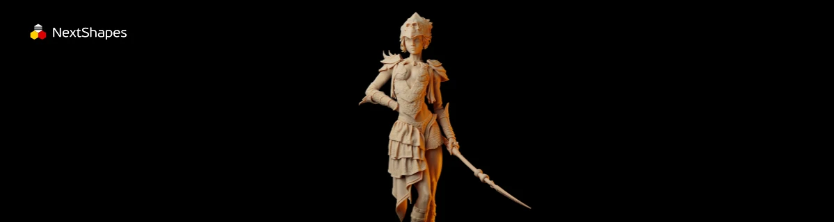 Full-body view of 3D printed fantasy character sculpture made with NextShapes Standard Pro Rigid Resin, highlighting precise detail reproduction, crack resistance, and durable mechanical properties
