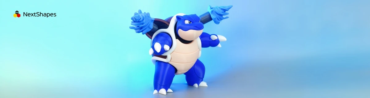 Full dynamic view of 3D printed Blastoise figure made with NextShapes Standard PLA filament, highlighting excellent toughness, vivid details, and powerful pose for childhood IP recreation
