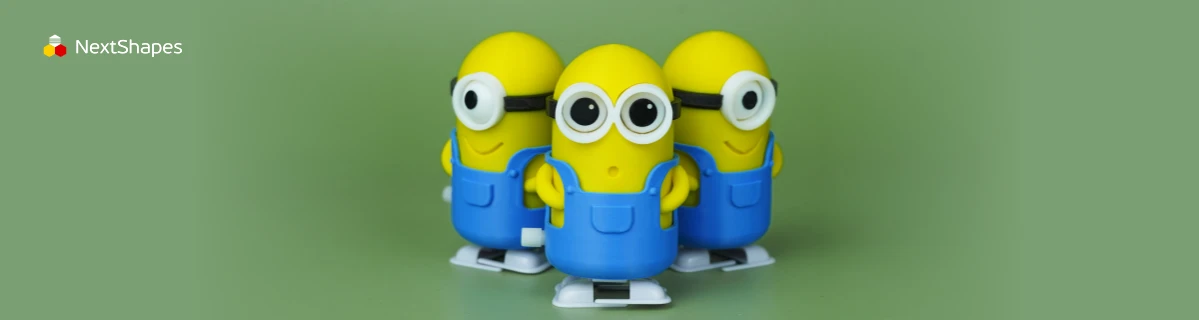 Collection of 3D printed Minions figures made with NextShapes Standard PLA filament, highlighting high printing speed, vibrant color consistency, and compatibility with most FDM printers