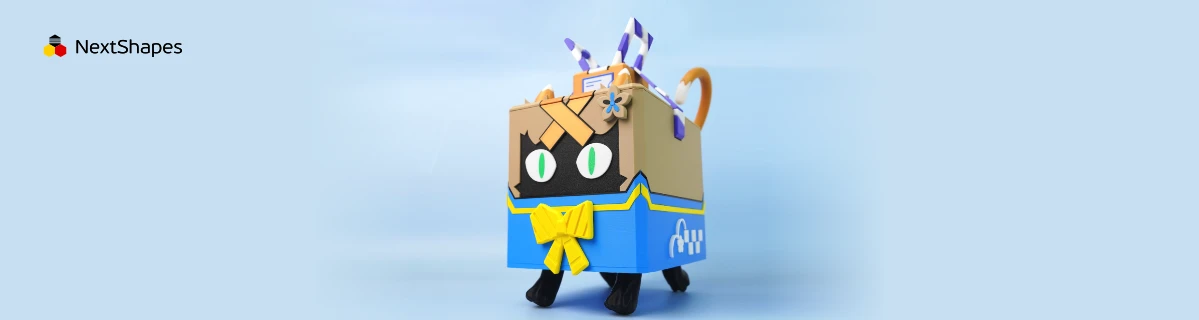 Detail view of 3D printed cardboard cat figure made with NextShapes Standard PLA filament, highlighting precise structure, vibrant color consistency, and reliable long-print performance