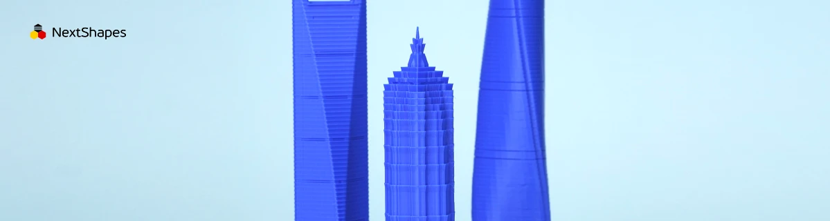 Detail comparison view of 3D printed Shanghai Trio buildings made with NextShapes Standard PLA filament, highlighting precise reproduction of spiral lines, cut-outs, and crown details, along with high toughness and resilience