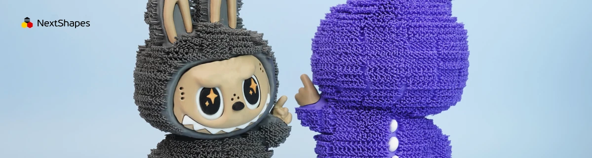 Detail view of 3D printed Labubu figures made with NextShapes Standard PLA filament, highlighting crisp facial details, refined texture, and high dimensional accuracy