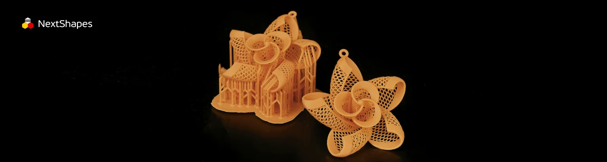 Display of 3D printed complex architecture and flower jewelry models made with NextShapes High Resolution 8K Pro Resin, highlighting sharp clean edges, dimensional stability, and exceptional durability